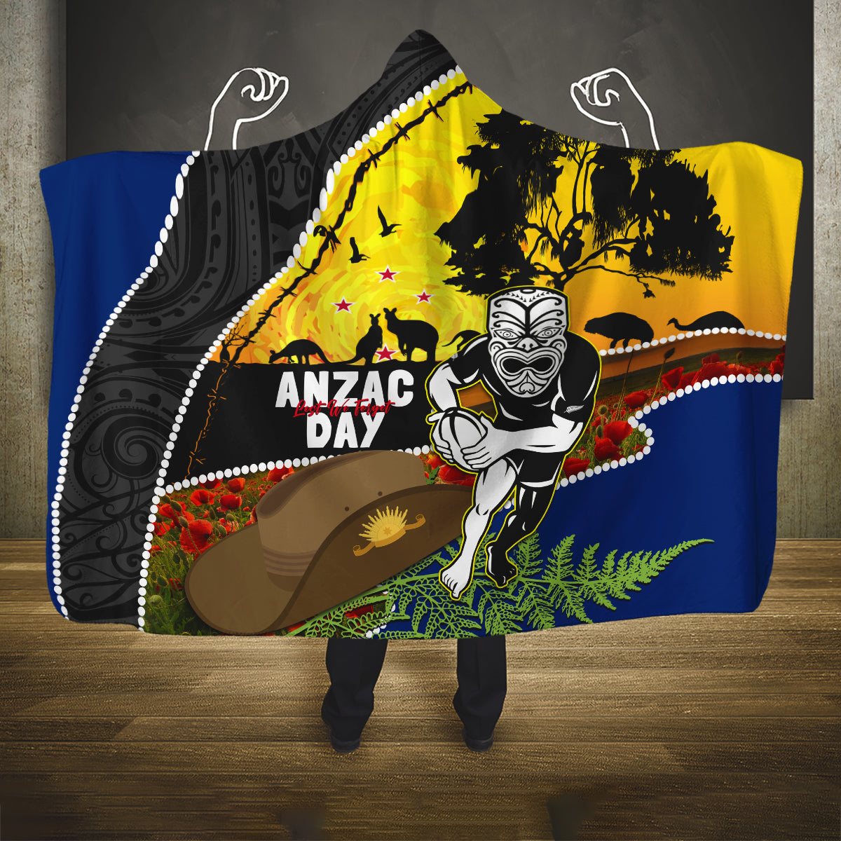 Warriors Rugby ANZAC Day Hooded Blanket New Zealand Wahs Tiki Mascot Rosemary Starry Night