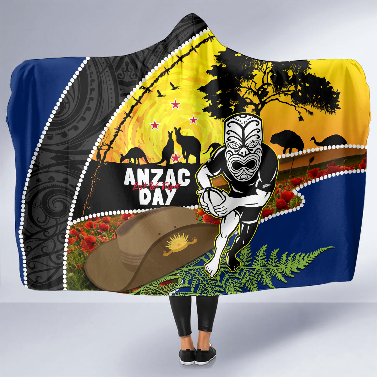 Warriors Rugby ANZAC Day Hooded Blanket New Zealand Wahs Tiki Mascot Rosemary Starry Night
