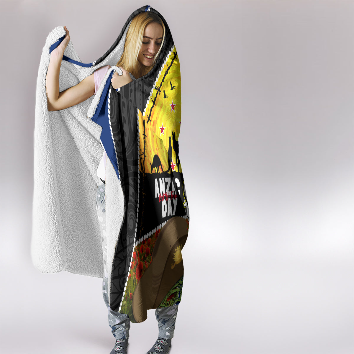 Warriors Rugby ANZAC Day Hooded Blanket New Zealand Wahs Tiki Mascot Rosemary Starry Night