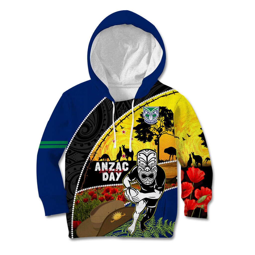 Warriors Rugby ANZAC Day Kid Hoodie New Zealand Wahs Tiki Mascot Rosemary Starry Night