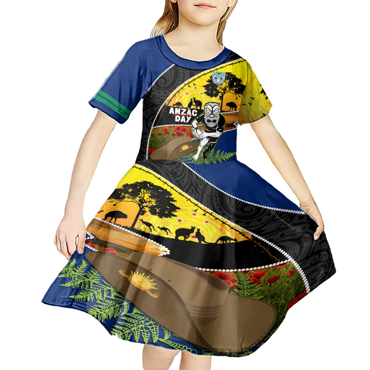 Warriors Rugby ANZAC Day Kid Short Sleeve Dress New Zealand Wahs Tiki Mascot Rosemary Starry Night