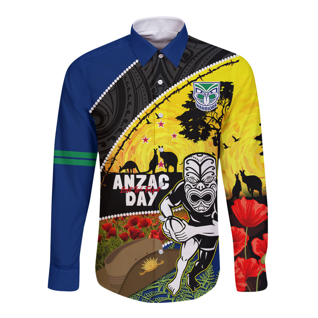 Warriors Rugby ANZAC Day Long Sleeve Button Shirt New Zealand Wahs Tiki Mascot Rosemary Starry Night