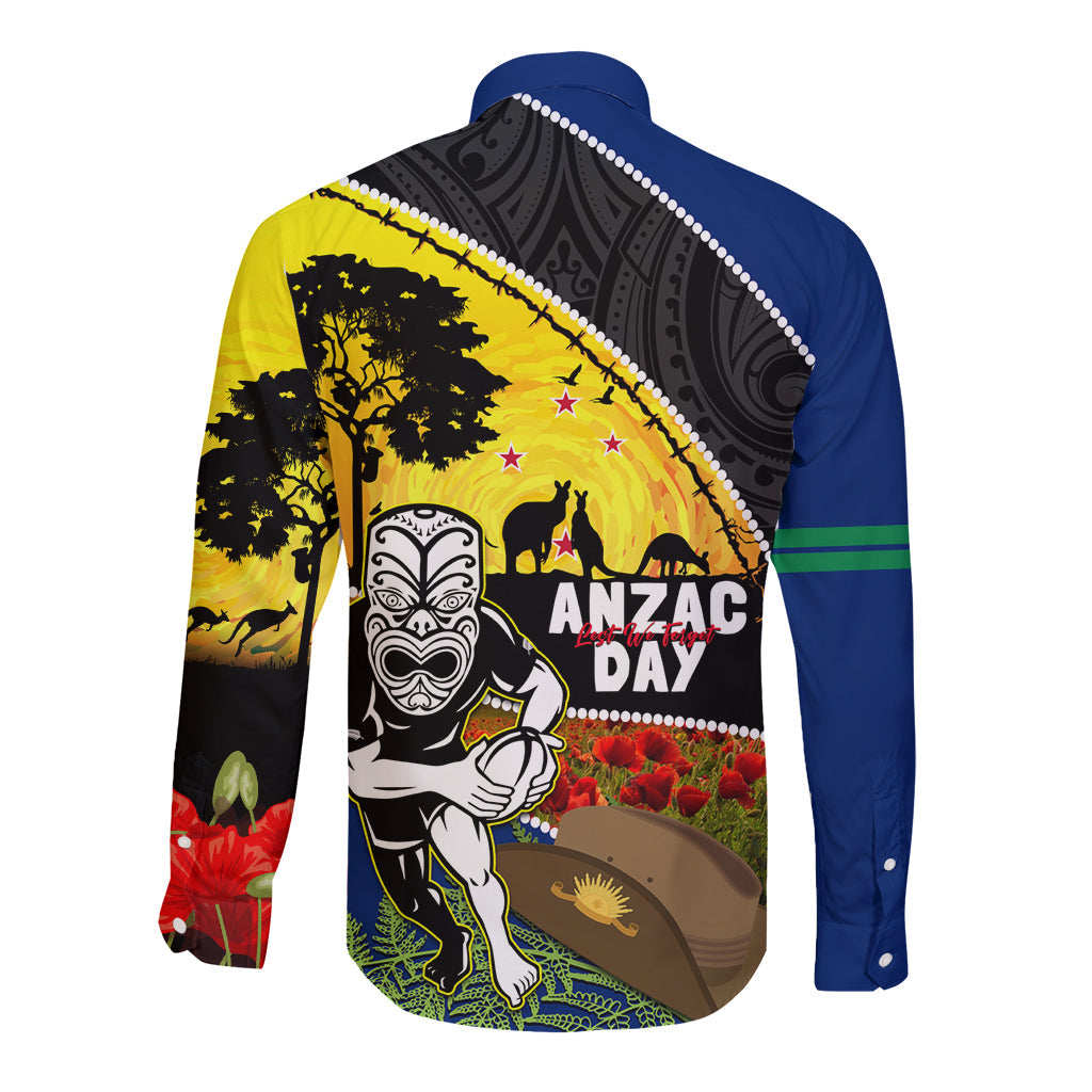 Warriors Rugby ANZAC Day Long Sleeve Button Shirt New Zealand Wahs Tiki Mascot Rosemary Starry Night