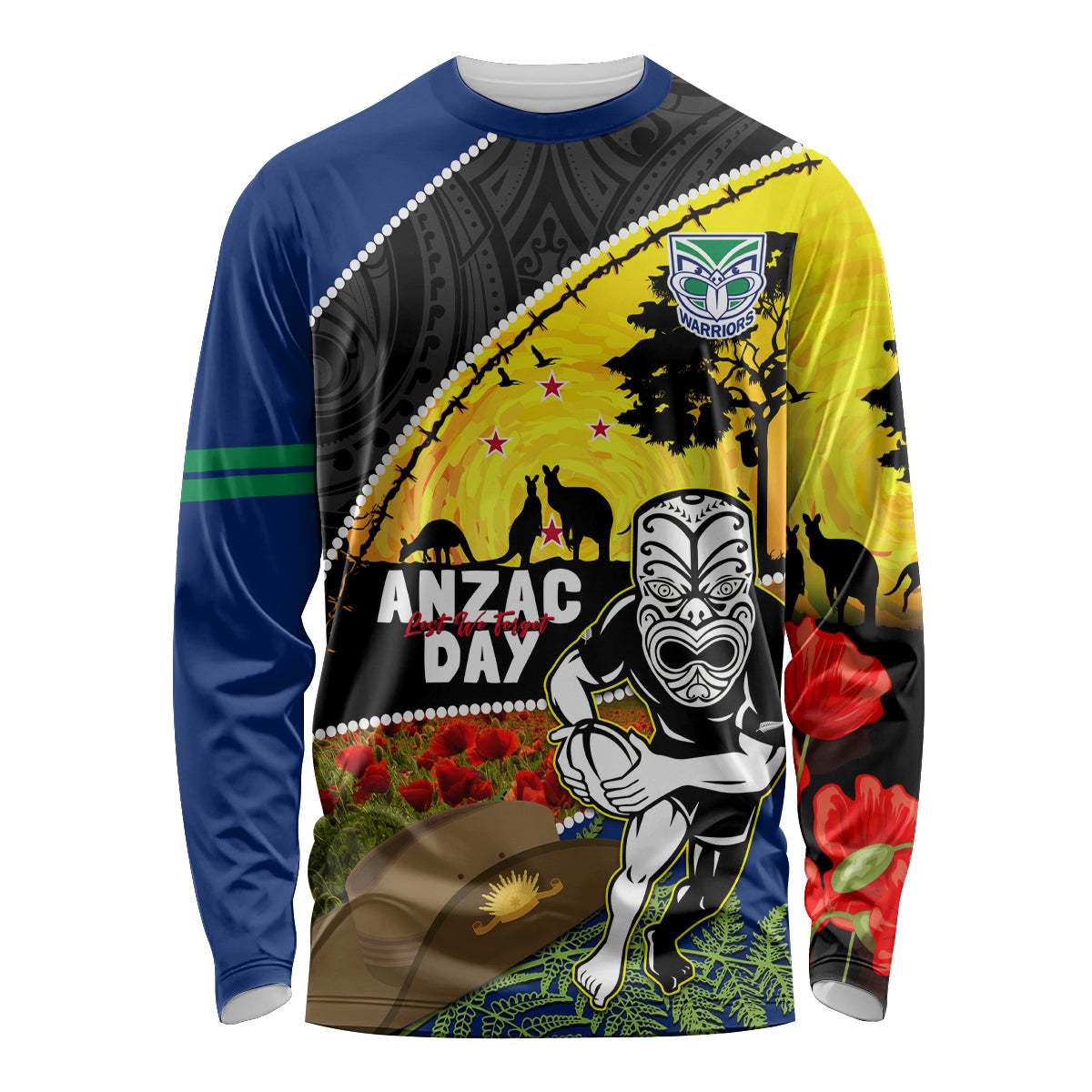 Warriors Rugby ANZAC Day Long Sleeve Shirt New Zealand Wahs Tiki Mascot Rosemary Starry Night