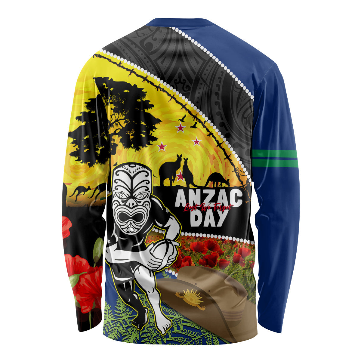 Warriors Rugby ANZAC Day Long Sleeve Shirt New Zealand Wahs Tiki Mascot Rosemary Starry Night