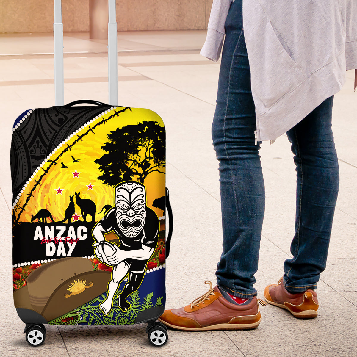 Warriors Rugby ANZAC Day Luggage Cover New Zealand Wahs Tiki Mascot Rosemary Starry Night - Vibe Hoodie Shop