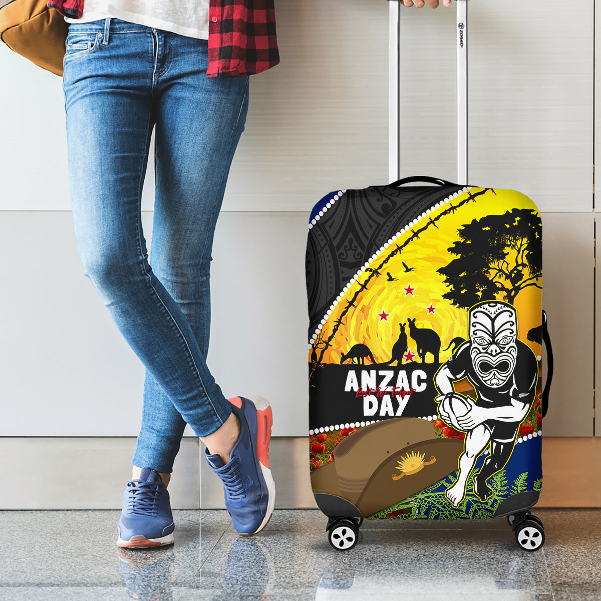 Warriors Rugby ANZAC Day Luggage Cover New Zealand Wahs Tiki Mascot Rosemary Starry Night - Vibe Hoodie Shop