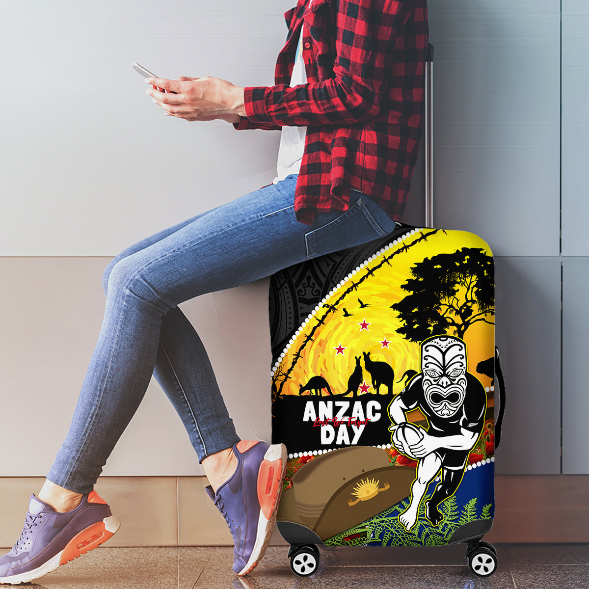 Warriors Rugby ANZAC Day Luggage Cover New Zealand Wahs Tiki Mascot Rosemary Starry Night - Vibe Hoodie Shop