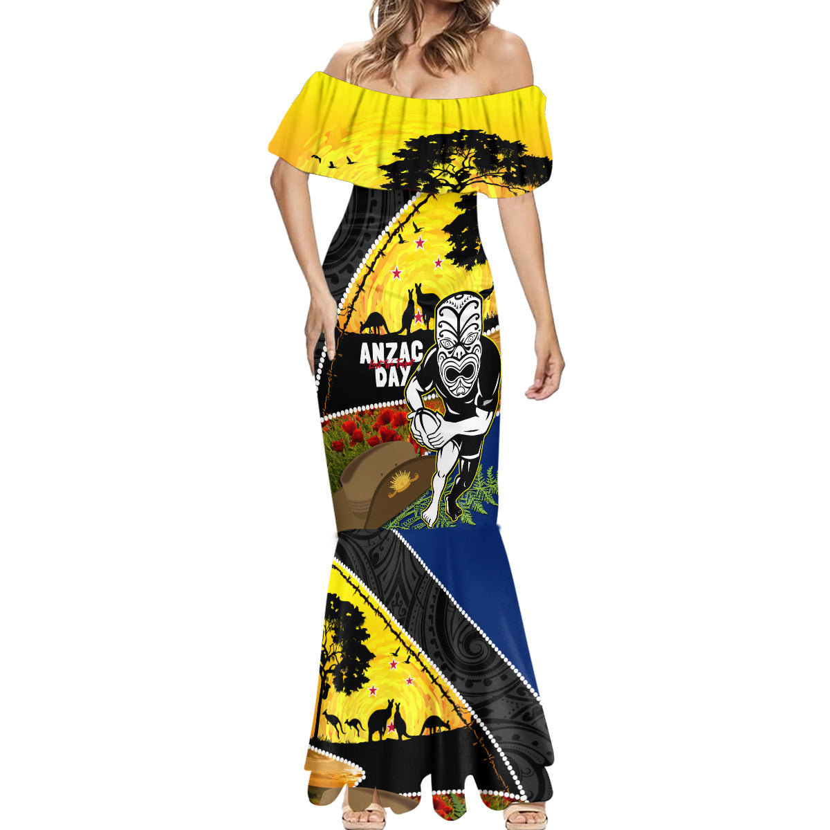 Warriors Rugby ANZAC Day Mermaid Dress New Zealand Wahs Tiki Mascot Rosemary Starry Night