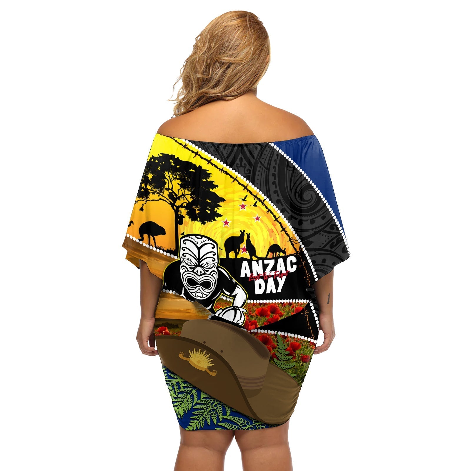 Warriors Rugby ANZAC Day Off Shoulder Short Dress New Zealand Wahs Tiki Mascot Rosemary Starry Night