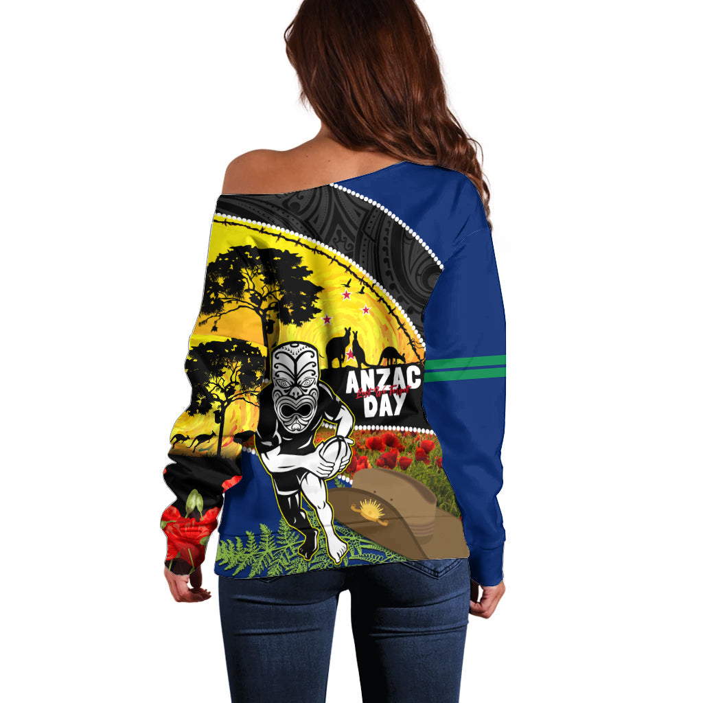Warriors Rugby ANZAC Day Off Shoulder Sweater New Zealand Wahs Tiki Mascot Rosemary Starry Night