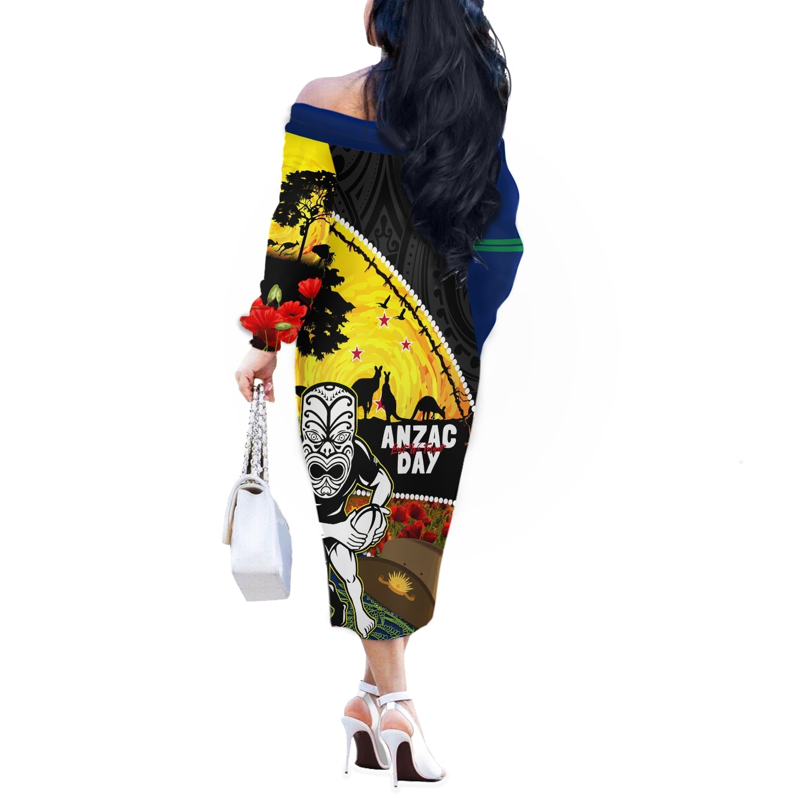 Warriors Rugby ANZAC Day Off The Shoulder Long Sleeve Dress New Zealand Wahs Tiki Mascot Rosemary Starry Night