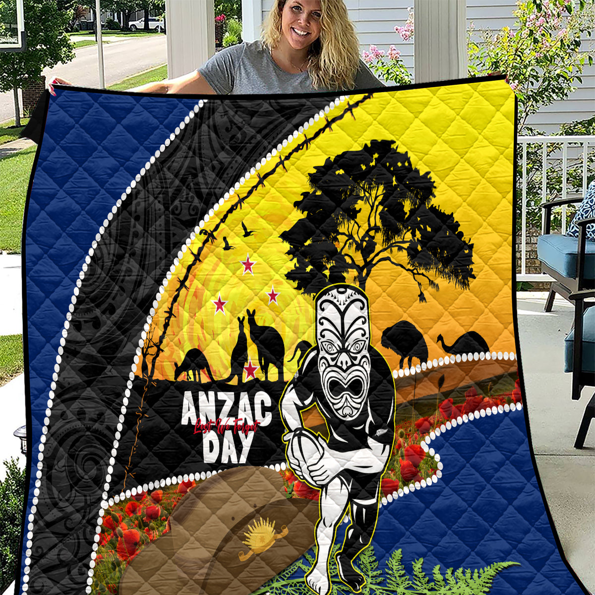 Warriors Rugby ANZAC Day Quilt New Zealand Wahs Tiki Mascot Rosemary Starry Night - Vibe Hoodie Shop
