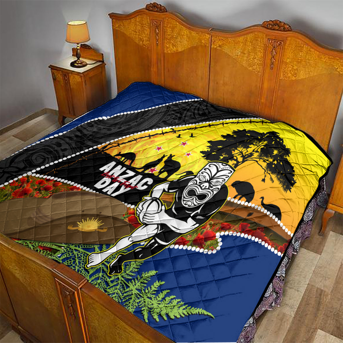 Warriors Rugby ANZAC Day Quilt New Zealand Wahs Tiki Mascot Rosemary Starry Night - Vibe Hoodie Shop