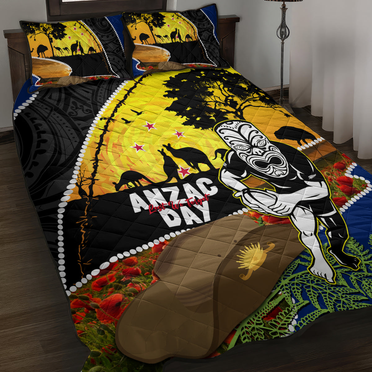 Warriors Rugby ANZAC Day Quilt Bed Set New Zealand Wahs Tiki Mascot Rosemary Starry Night - Vibe Hoodie Shop