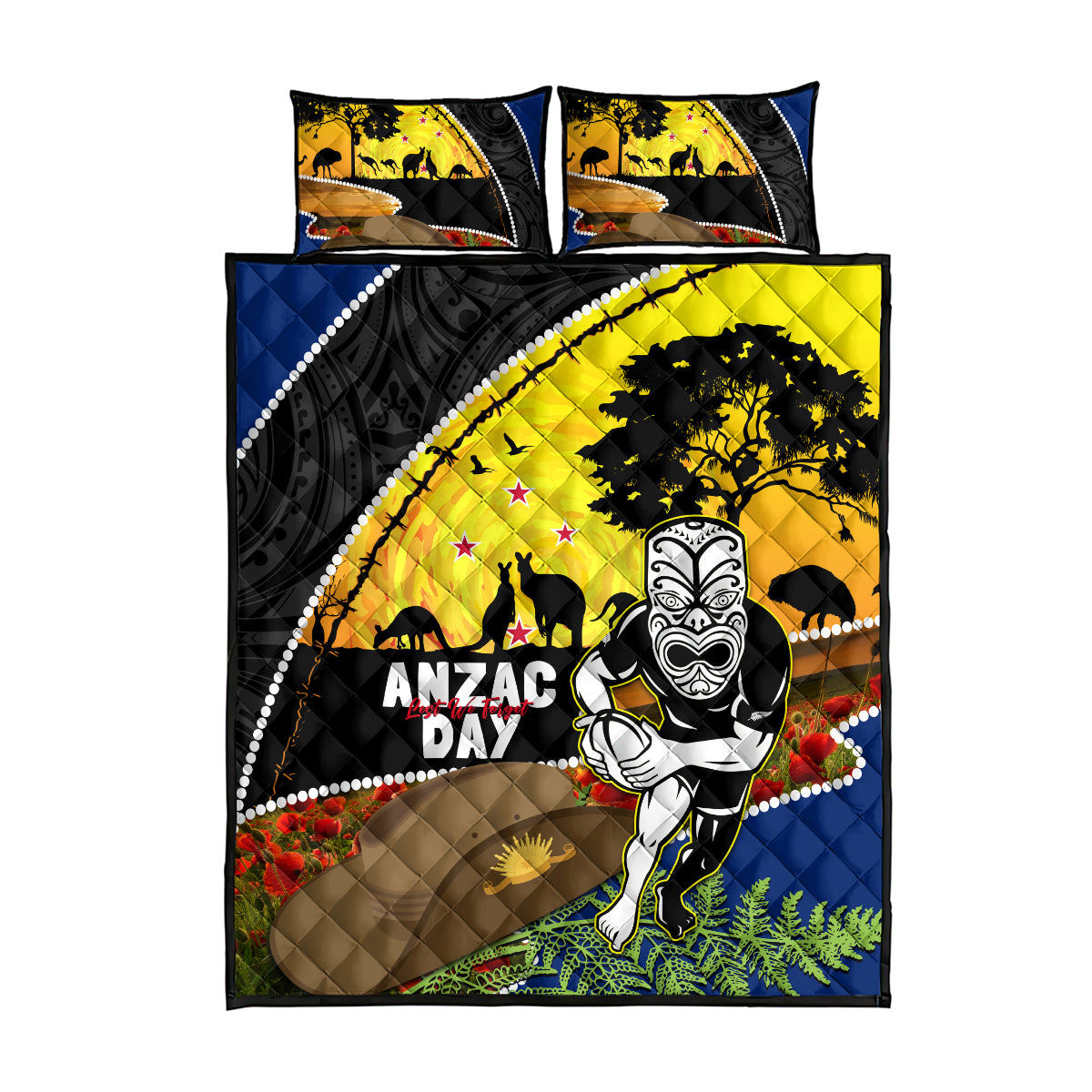 Warriors Rugby ANZAC Day Quilt Bed Set New Zealand Wahs Tiki Mascot Rosemary Starry Night - Vibe Hoodie Shop