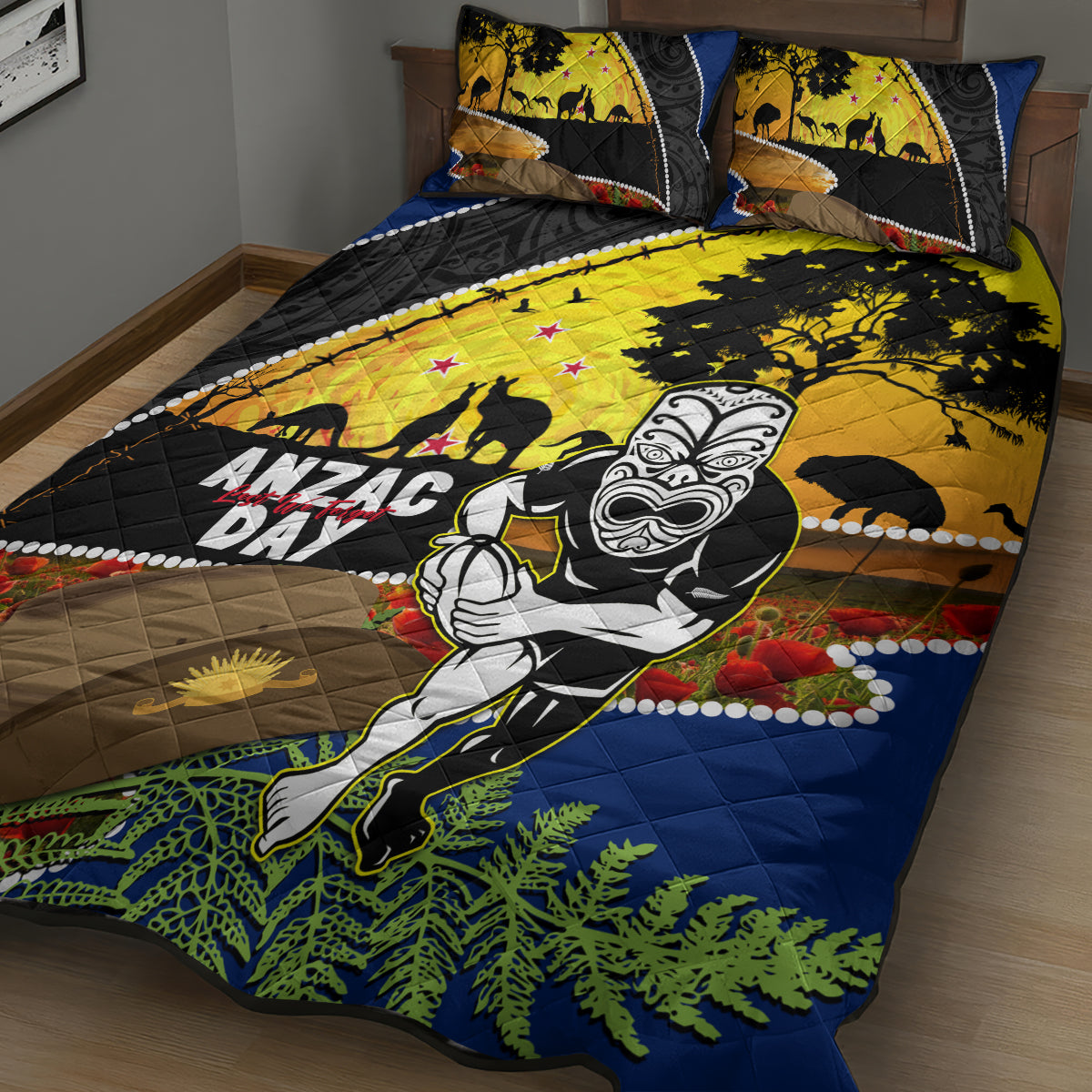 Warriors Rugby ANZAC Day Quilt Bed Set New Zealand Wahs Tiki Mascot Rosemary Starry Night - Vibe Hoodie Shop