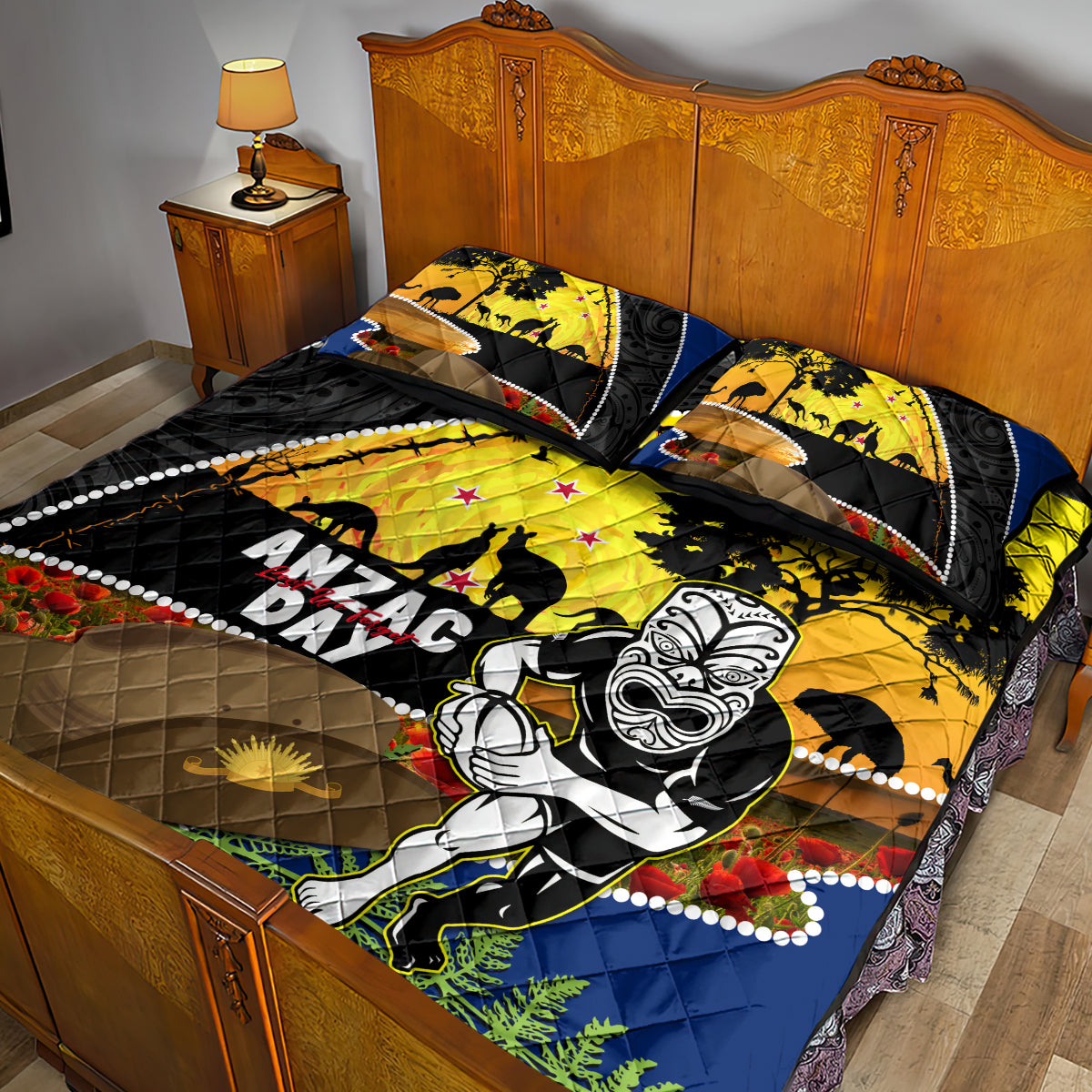 Warriors Rugby ANZAC Day Quilt Bed Set New Zealand Wahs Tiki Mascot Rosemary Starry Night - Vibe Hoodie Shop