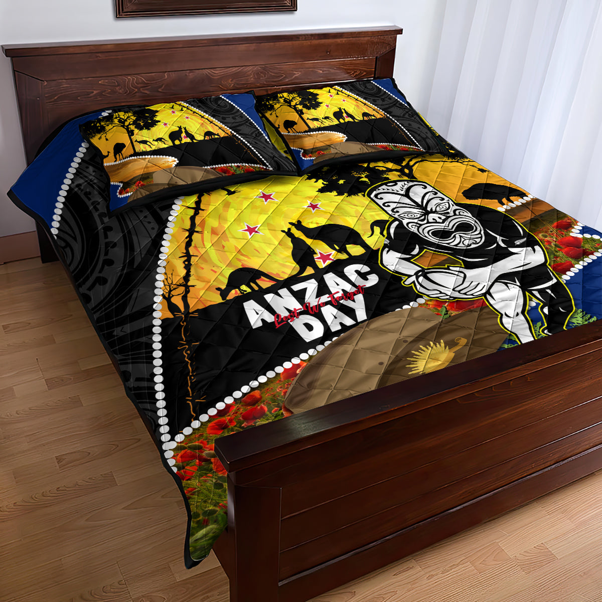 Warriors Rugby ANZAC Day Quilt Bed Set New Zealand Wahs Tiki Mascot Rosemary Starry Night - Vibe Hoodie Shop