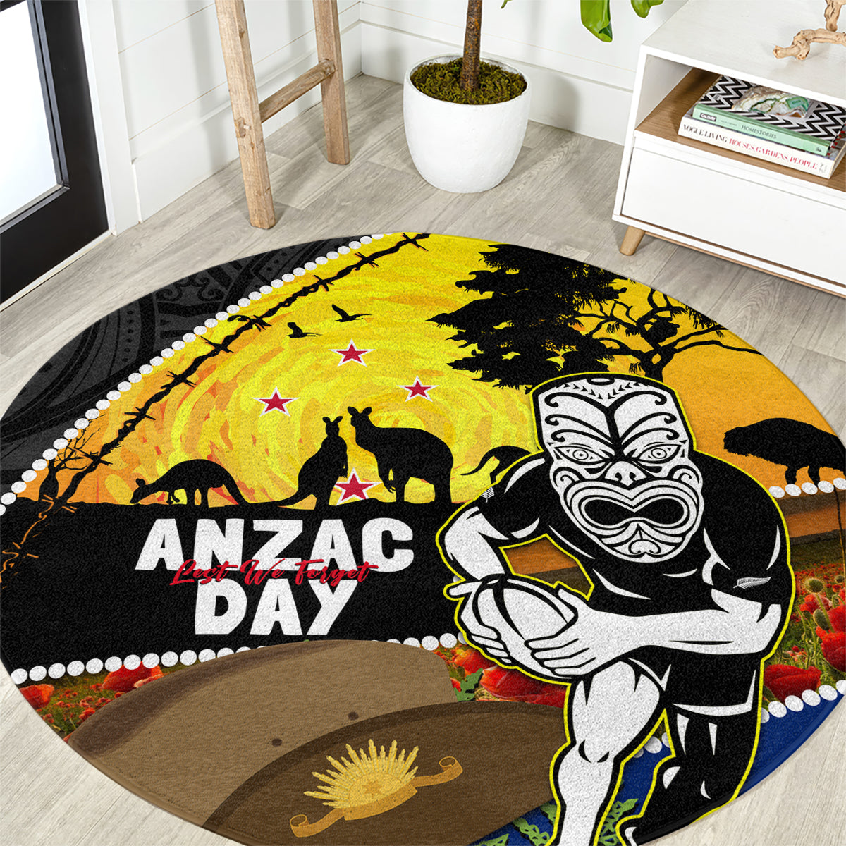 Warriors Rugby ANZAC Day Round Carpet New Zealand Wahs Tiki Mascot Rosemary Starry Night