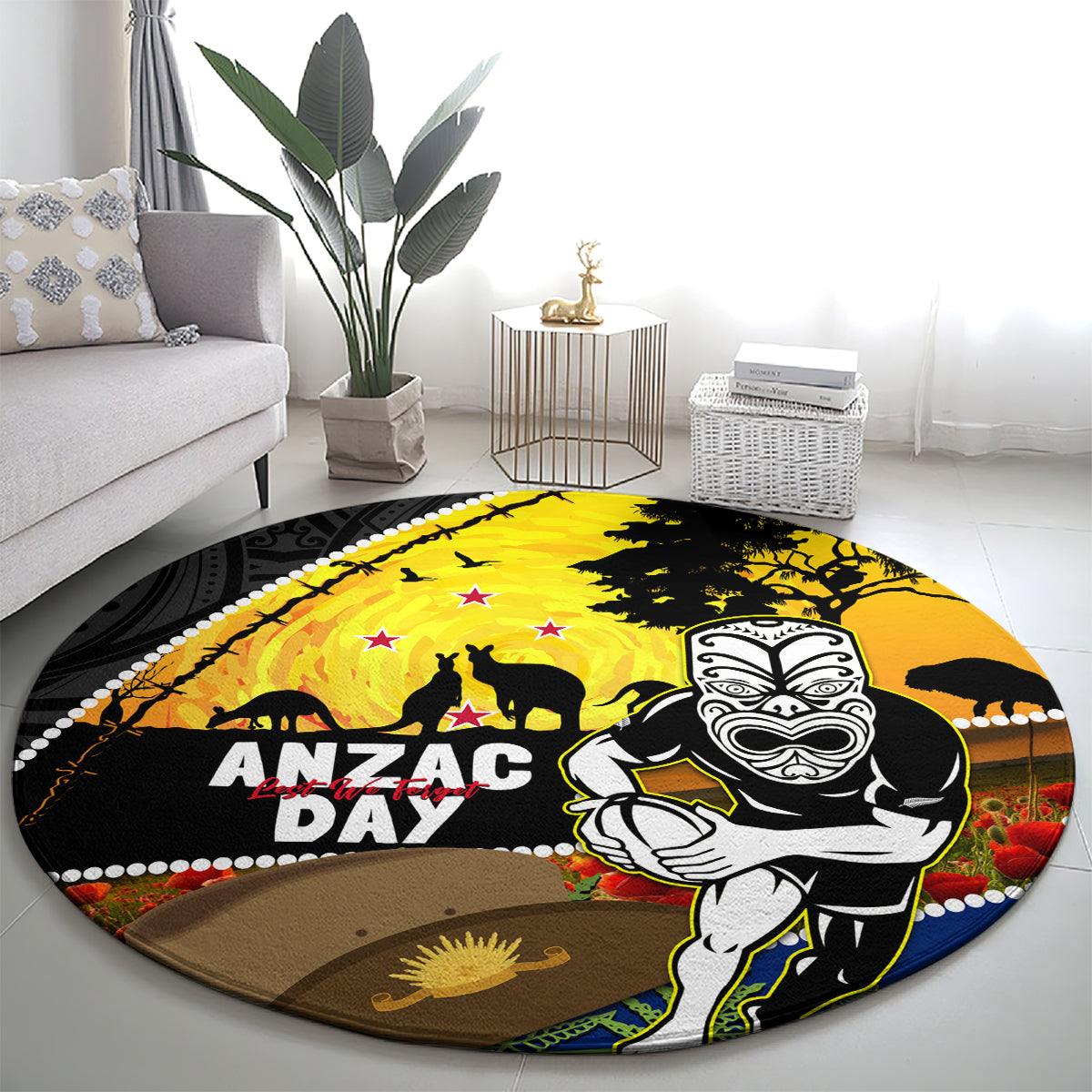 Warriors Rugby ANZAC Day Round Carpet New Zealand Wahs Tiki Mascot Rosemary Starry Night