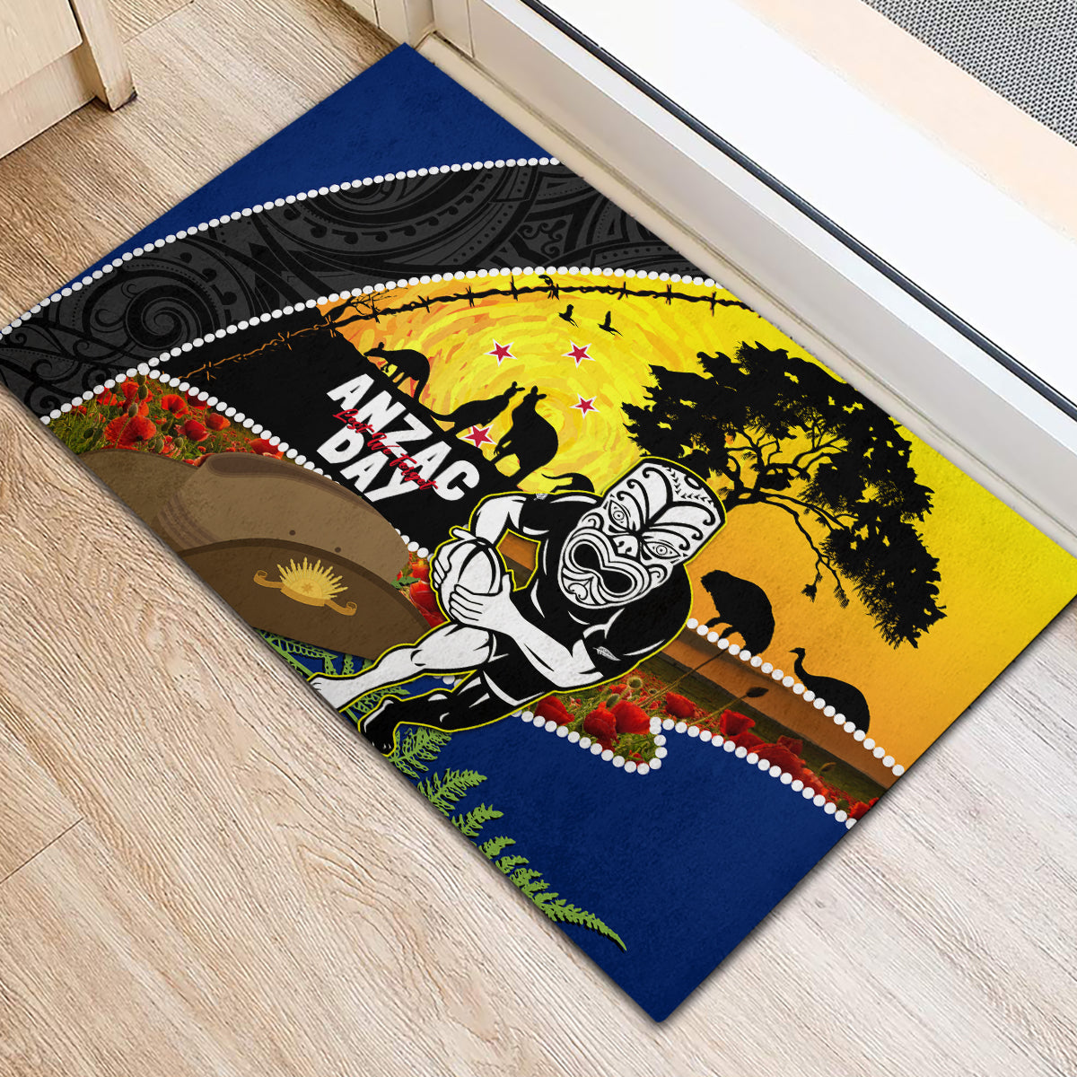 Warriors Rugby ANZAC Day Rubber Doormat New Zealand Wahs Tiki Mascot Rosemary Starry Night