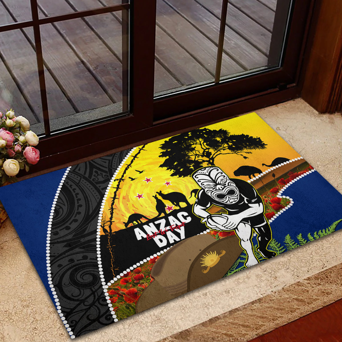 Warriors Rugby ANZAC Day Rubber Doormat New Zealand Wahs Tiki Mascot Rosemary Starry Night