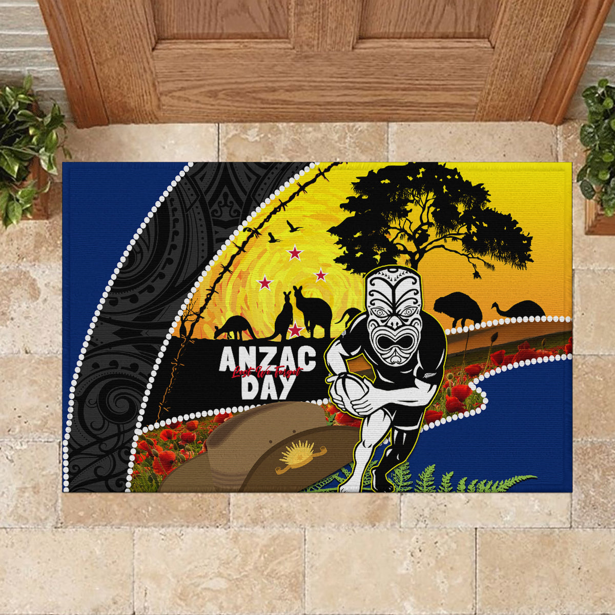 Warriors Rugby ANZAC Day Rubber Doormat New Zealand Wahs Tiki Mascot Rosemary Starry Night
