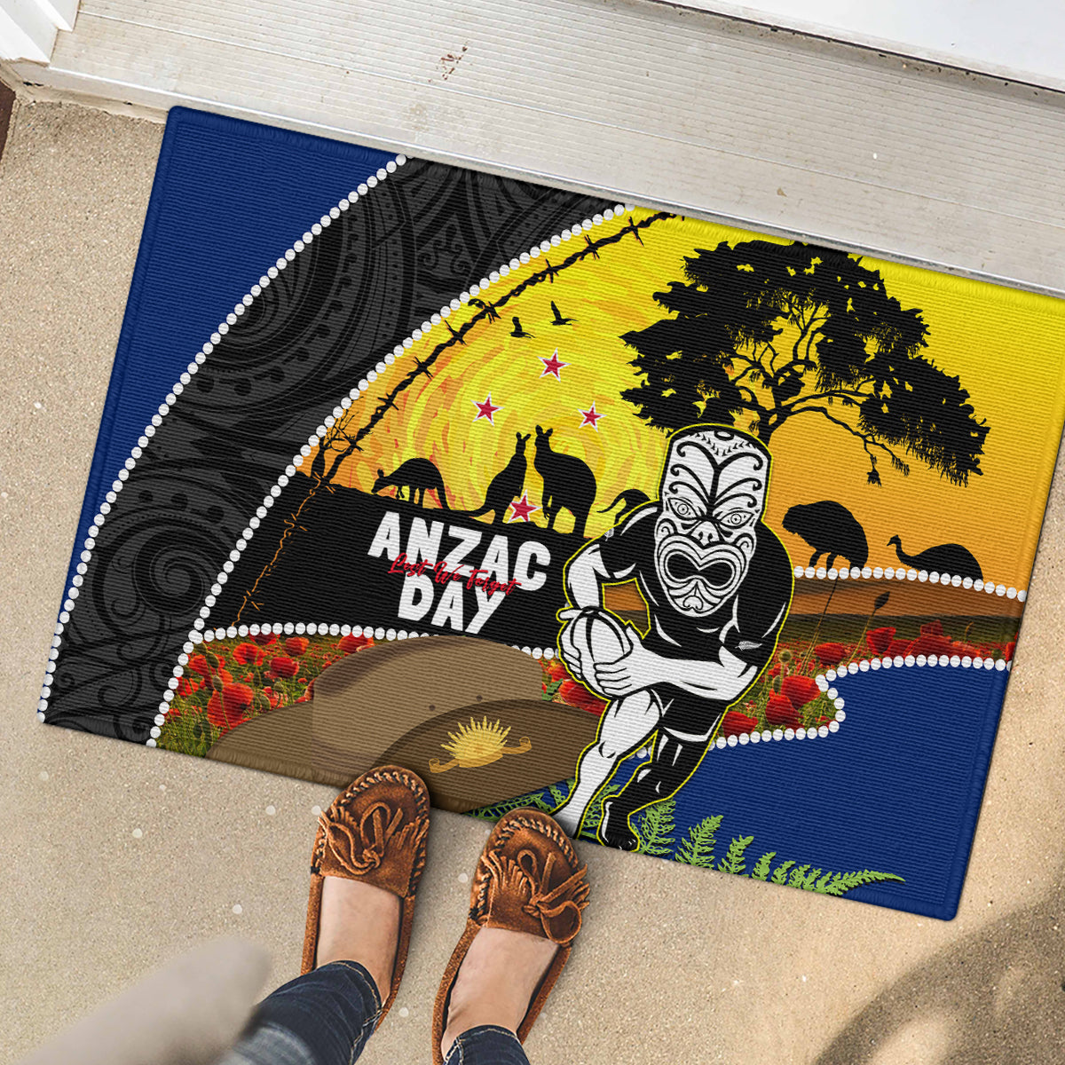 Warriors Rugby ANZAC Day Rubber Doormat New Zealand Wahs Tiki Mascot Rosemary Starry Night