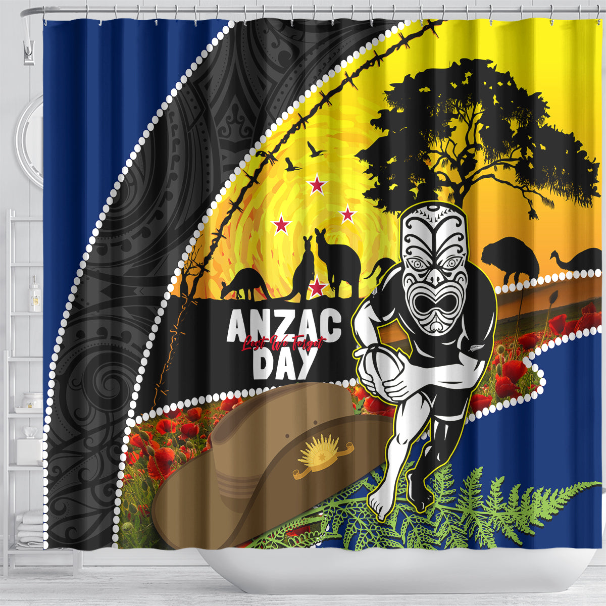Warriors Rugby ANZAC Day Shower Curtain New Zealand Wahs Tiki Mascot Rosemary Starry Night