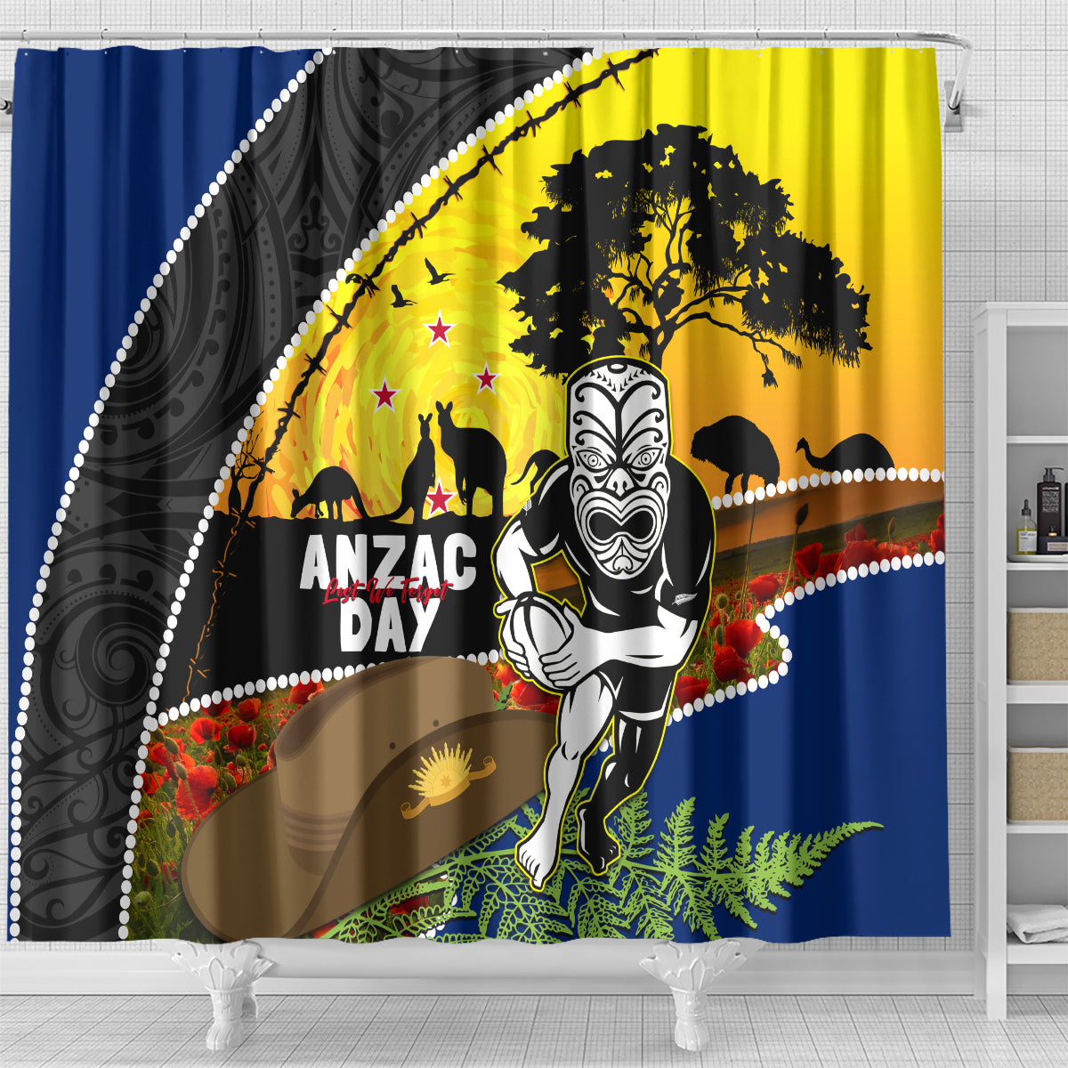 Warriors Rugby ANZAC Day Shower Curtain New Zealand Wahs Tiki Mascot Rosemary Starry Night