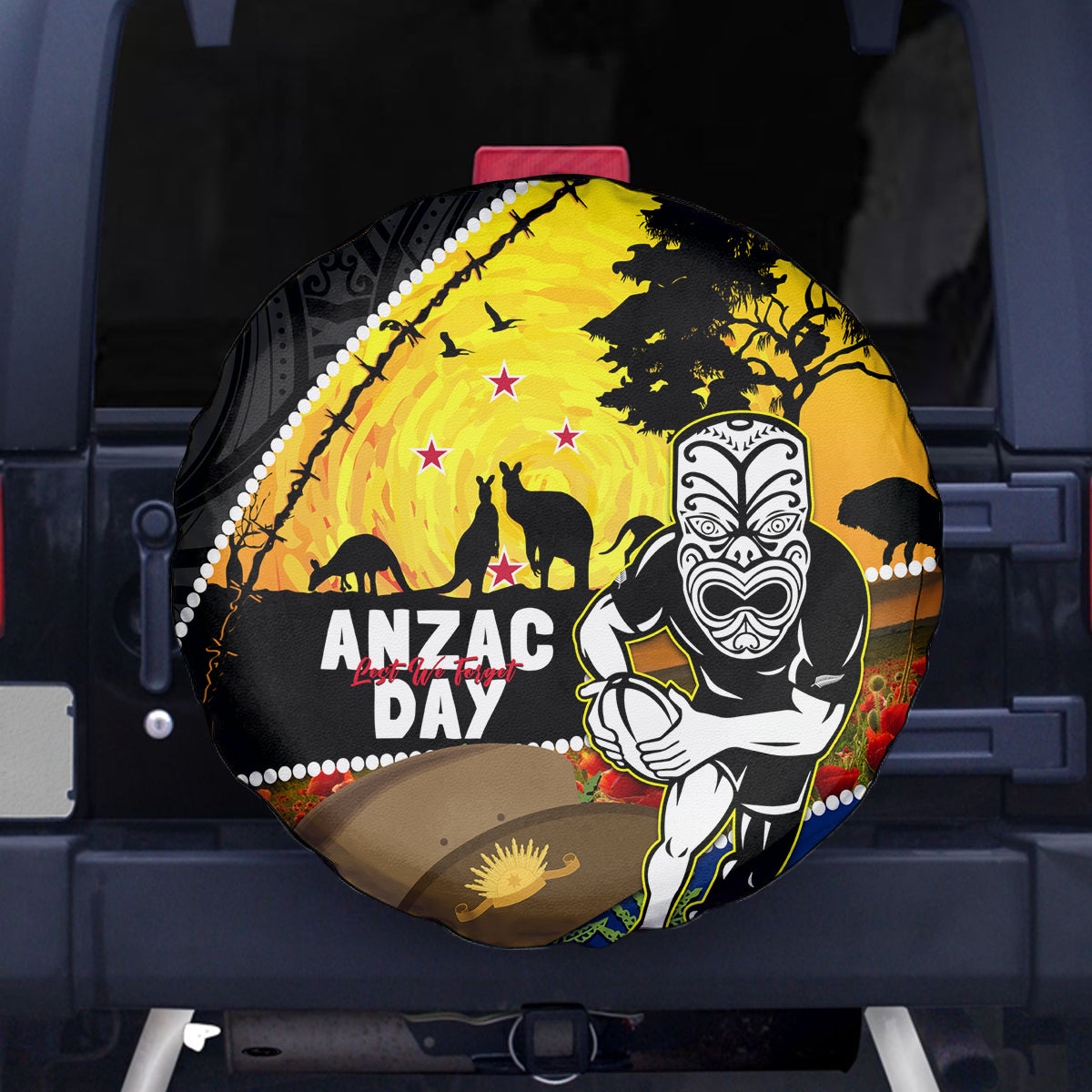 Warriors Rugby ANZAC Day Spare Tire Cover New Zealand Wahs Tiki Mascot Rosemary Starry Night - Vibe Hoodie Shop