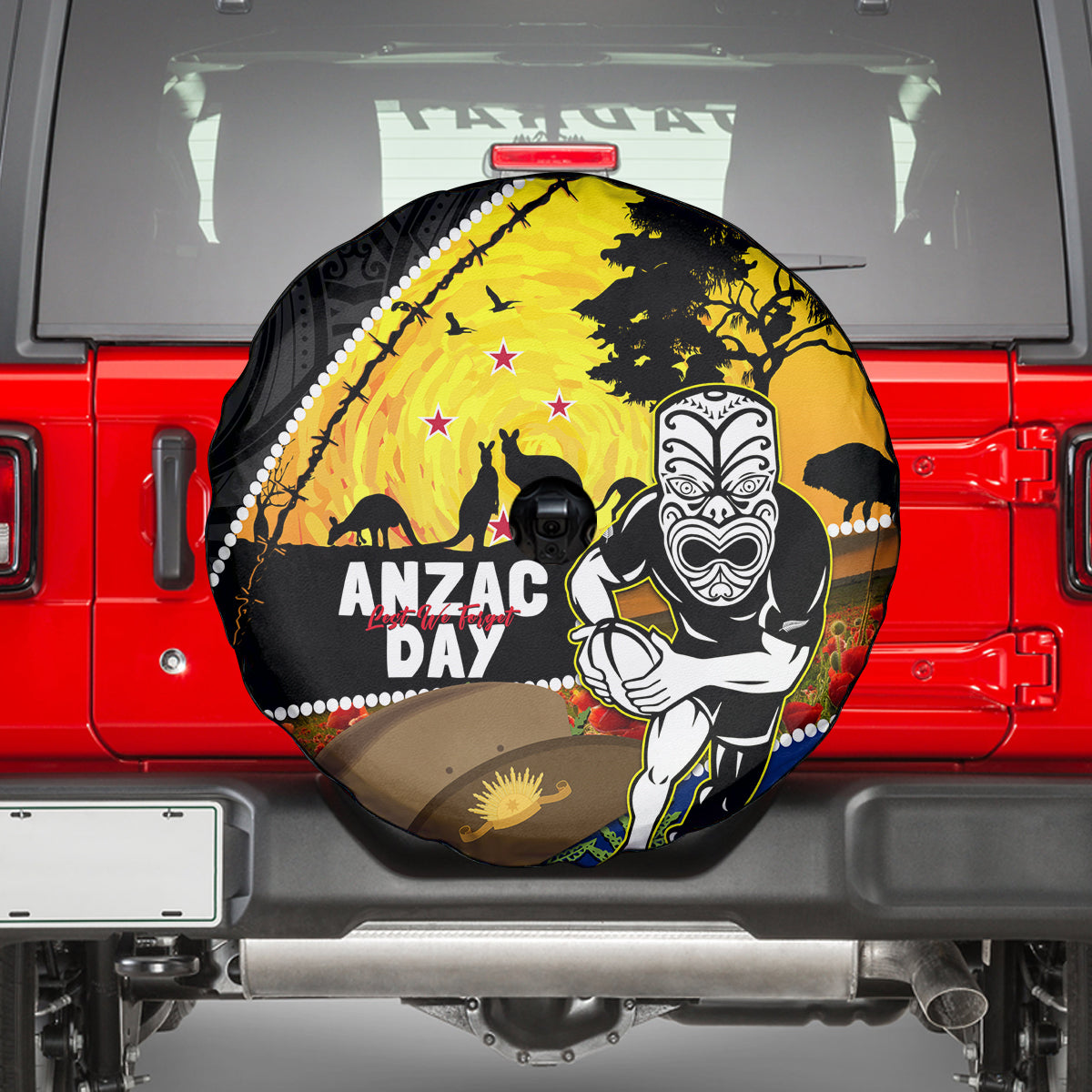 Warriors Rugby ANZAC Day Spare Tire Cover New Zealand Wahs Tiki Mascot Rosemary Starry Night - Vibe Hoodie Shop