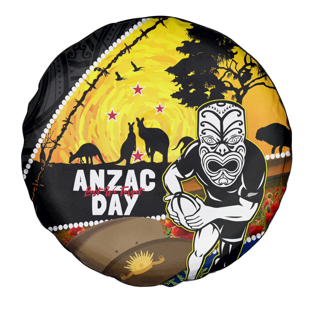Warriors Rugby ANZAC Day Spare Tire Cover New Zealand Wahs Tiki Mascot Rosemary Starry Night - Vibe Hoodie Shop
