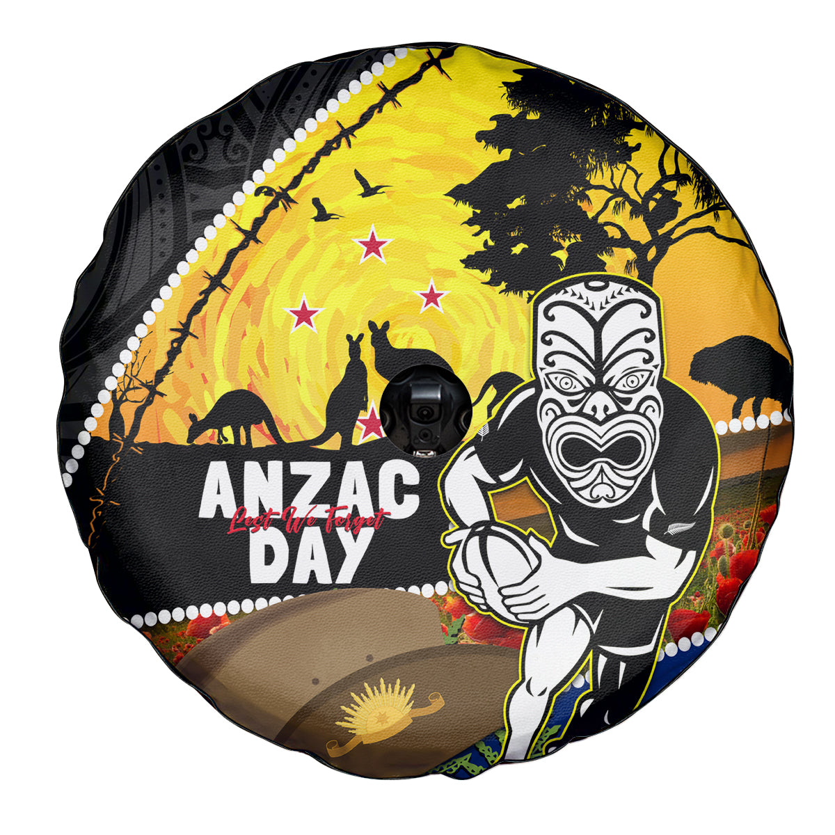 Warriors Rugby ANZAC Day Spare Tire Cover New Zealand Wahs Tiki Mascot Rosemary Starry Night - Vibe Hoodie Shop