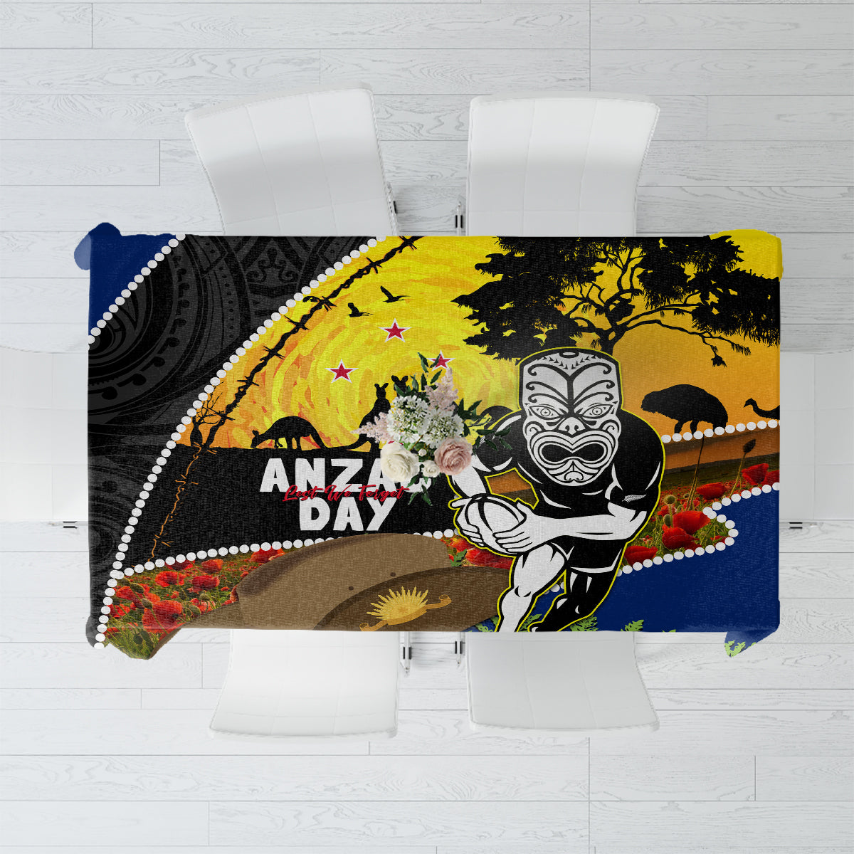 Warriors Rugby ANZAC Day Tablecloth New Zealand Wahs Tiki Mascot Rosemary Starry Night