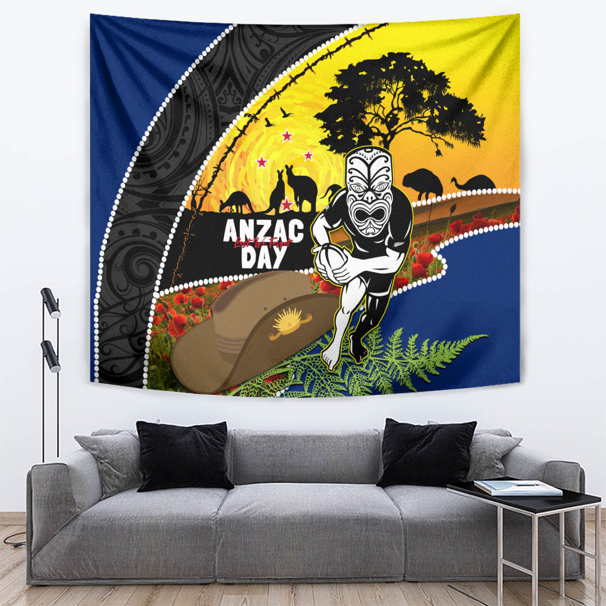 Warriors Rugby ANZAC Day Tapestry New Zealand Wahs Tiki Mascot Rosemary Starry Night - Vibe Hoodie Shop