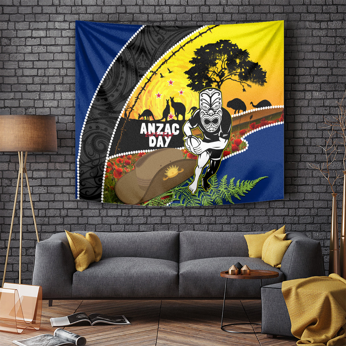 Warriors Rugby ANZAC Day Tapestry New Zealand Wahs Tiki Mascot Rosemary Starry Night - Vibe Hoodie Shop