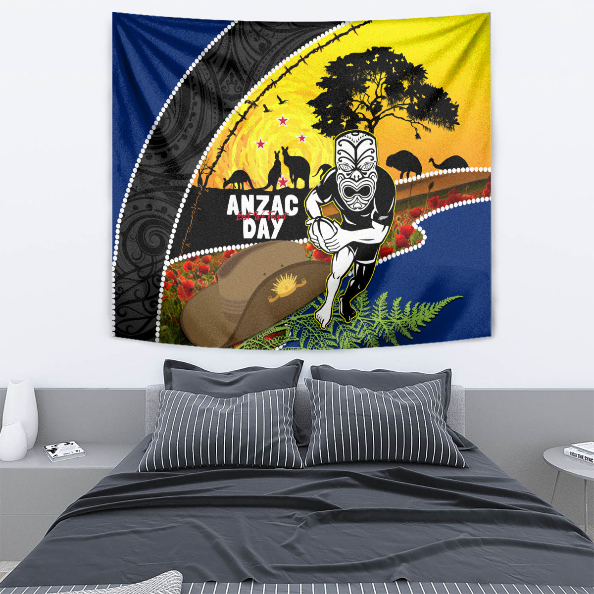 Warriors Rugby ANZAC Day Tapestry New Zealand Wahs Tiki Mascot Rosemary Starry Night - Vibe Hoodie Shop