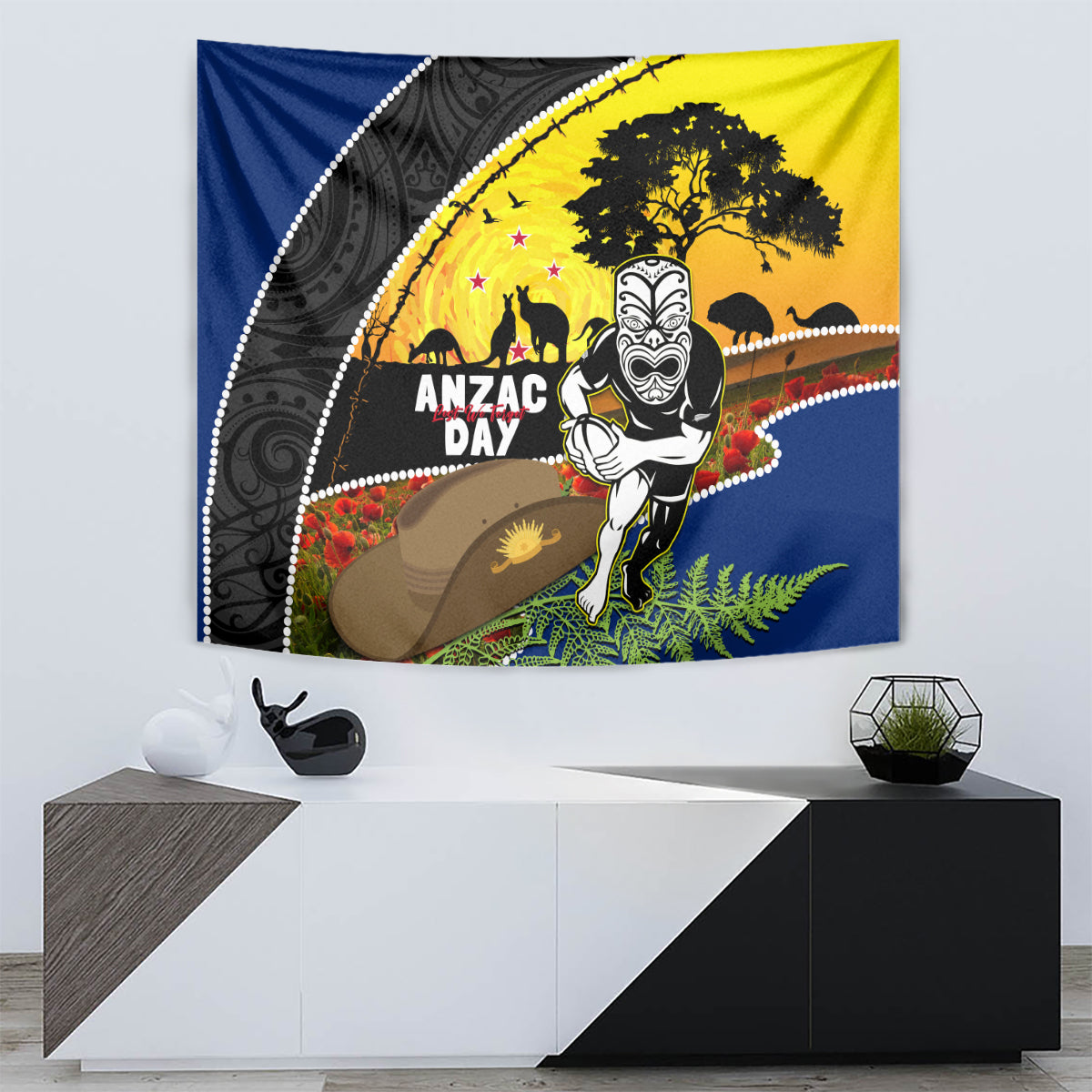 Warriors Rugby ANZAC Day Tapestry New Zealand Wahs Tiki Mascot Rosemary Starry Night - Vibe Hoodie Shop