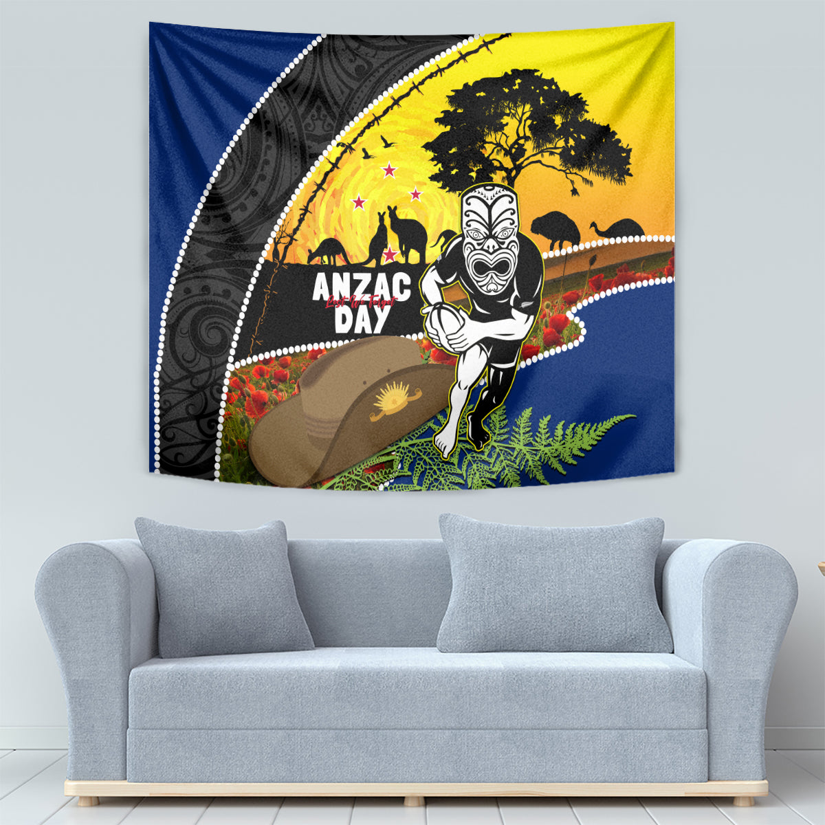 Warriors Rugby ANZAC Day Tapestry New Zealand Wahs Tiki Mascot Rosemary Starry Night - Vibe Hoodie Shop