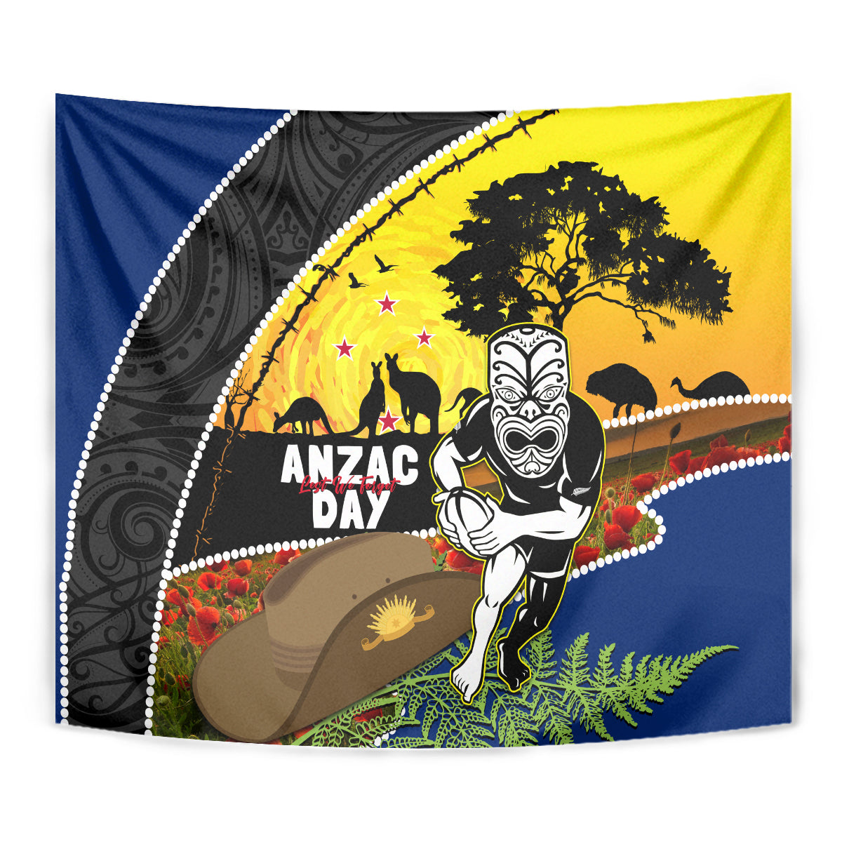 Warriors Rugby ANZAC Day Tapestry New Zealand Wahs Tiki Mascot Rosemary Starry Night - Vibe Hoodie Shop