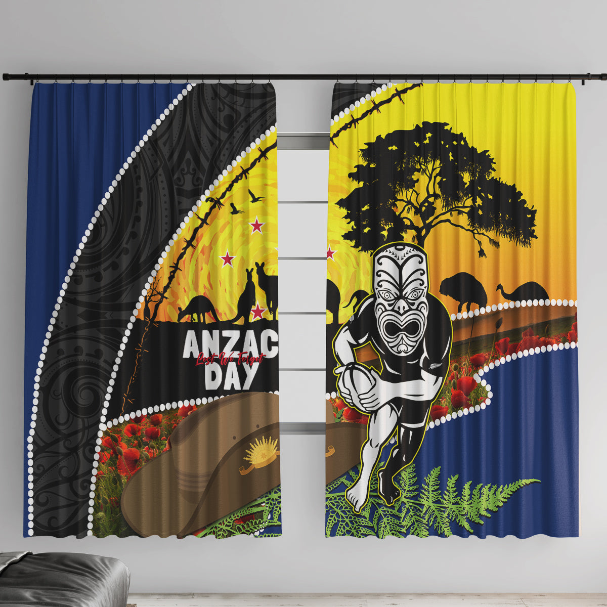 Warriors Rugby ANZAC Day Window Curtain New Zealand Wahs Tiki Mascot Rosemary Starry Night
