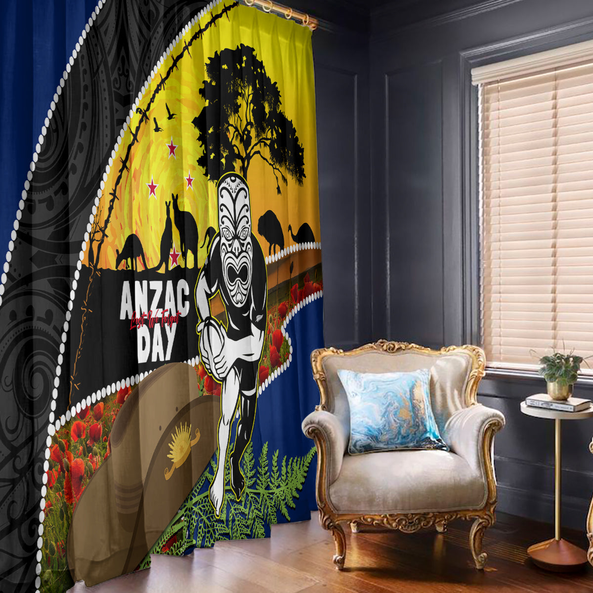 Warriors Rugby ANZAC Day Window Curtain New Zealand Wahs Tiki Mascot Rosemary Starry Night