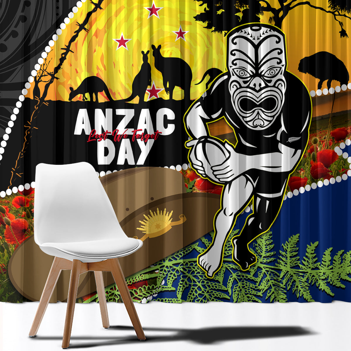 Warriors Rugby ANZAC Day Window Curtain New Zealand Wahs Tiki Mascot Rosemary Starry Night