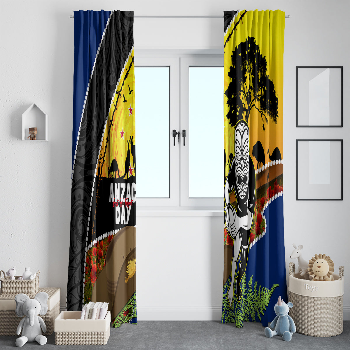 Warriors Rugby ANZAC Day Window Curtain New Zealand Wahs Tiki Mascot Rosemary Starry Night