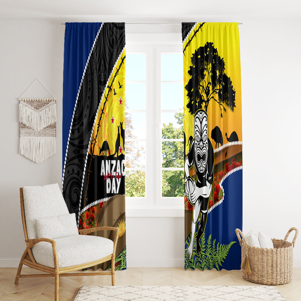 Warriors Rugby ANZAC Day Window Curtain New Zealand Wahs Tiki Mascot Rosemary Starry Night