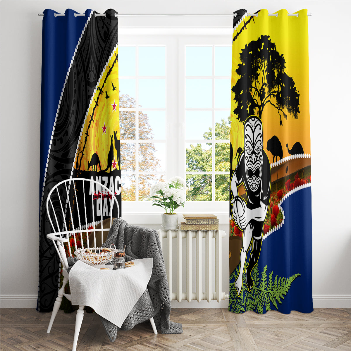 Warriors Rugby ANZAC Day Window Curtain New Zealand Wahs Tiki Mascot Rosemary Starry Night