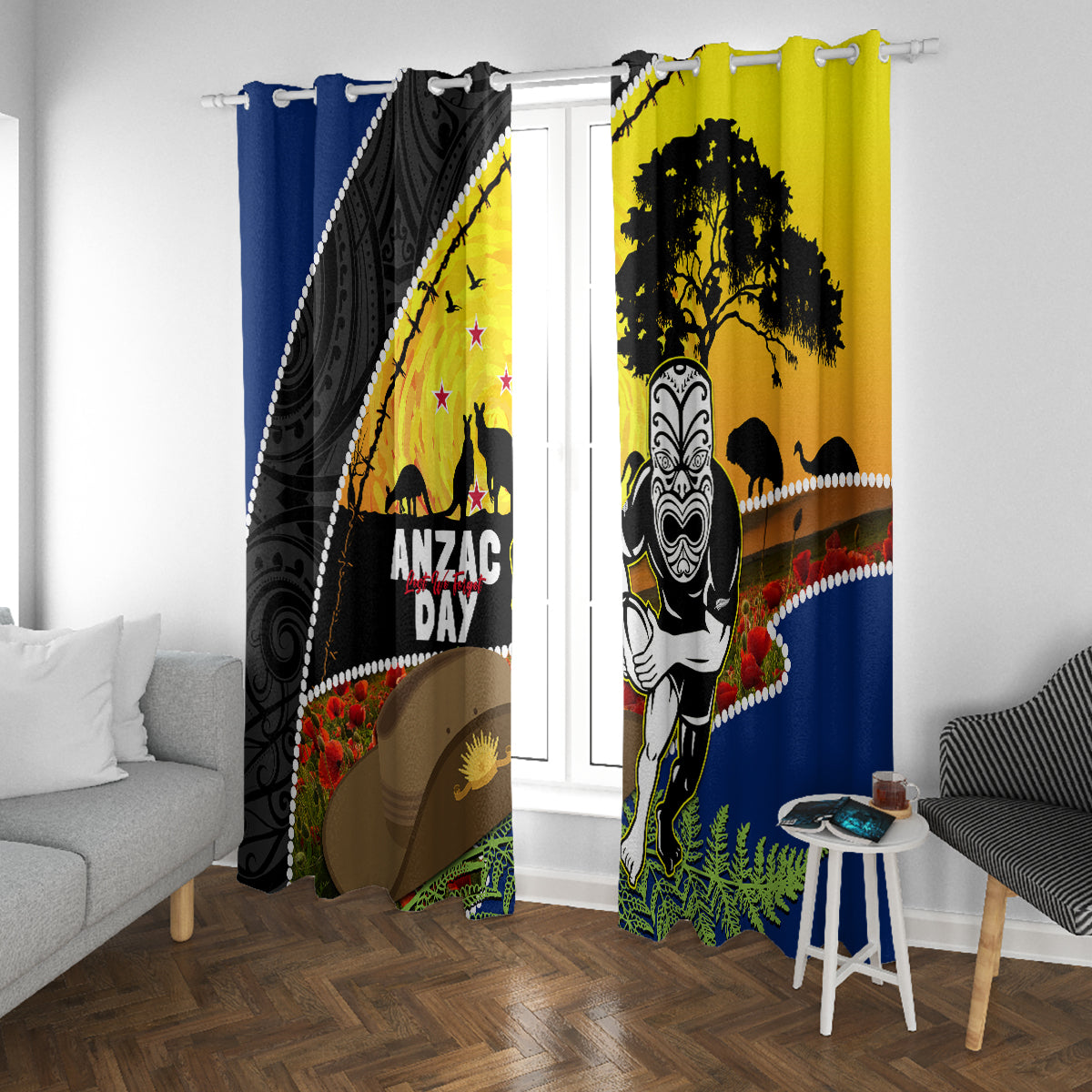 Warriors Rugby ANZAC Day Window Curtain New Zealand Wahs Tiki Mascot Rosemary Starry Night