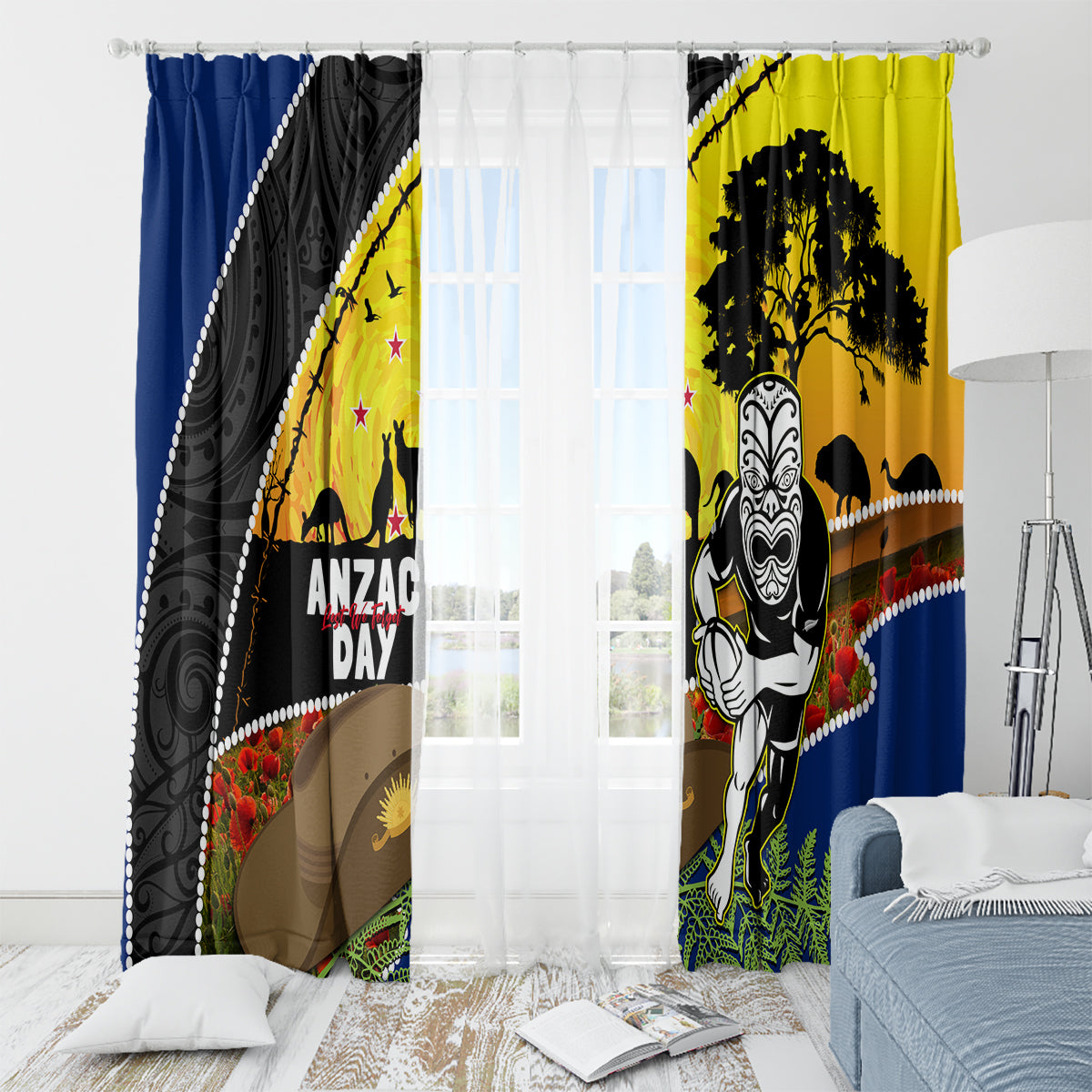 Warriors Rugby ANZAC Day Window Curtain New Zealand Wahs Tiki Mascot Rosemary Starry Night